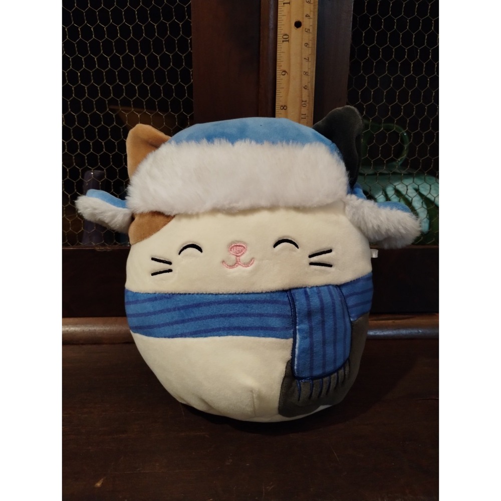 Vintage Plush Toy 8 Inch White Cam the Cat Winter Trapper Hat Scarf